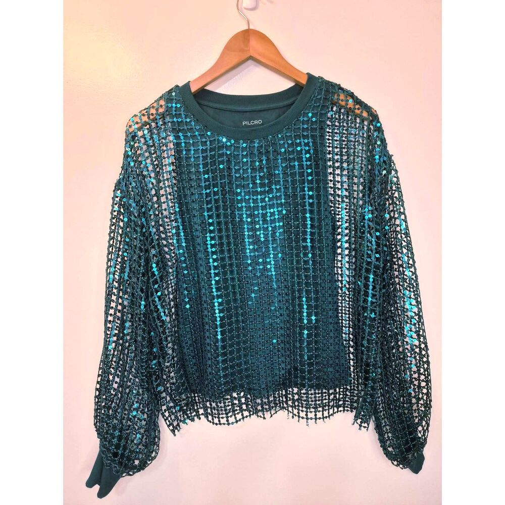 Pilcro Sequin Mesh Teal Top Small Y2K Sheer Sparkly Festival Layering Anthro